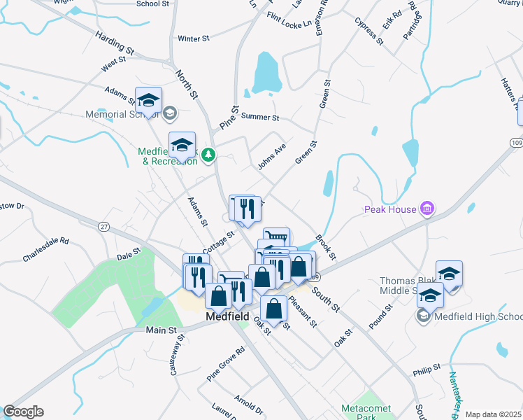 map of restaurants, bars, coffee shops, grocery stores, and more near 19 Green Street in Medfield