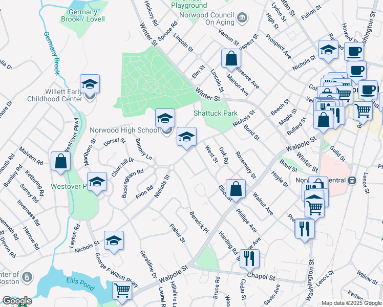 map of restaurants, bars, coffee shops, grocery stores, and more near 236 Nichols Street in Norwood