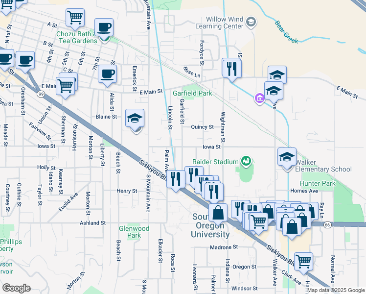 map of restaurants, bars, coffee shops, grocery stores, and more near 1273 Iowa Street in Ashland
