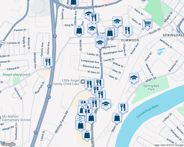 map of restaurants, bars, coffee shops, grocery stores, and more near 32 West Glen Street in Holyoke
