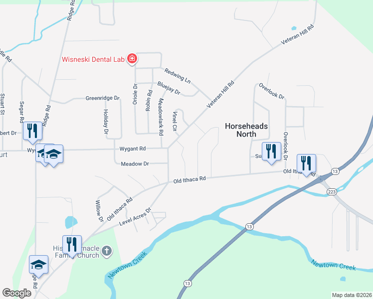 map of restaurants, bars, coffee shops, grocery stores, and more near 6 Veteran Hill Road in Horseheads