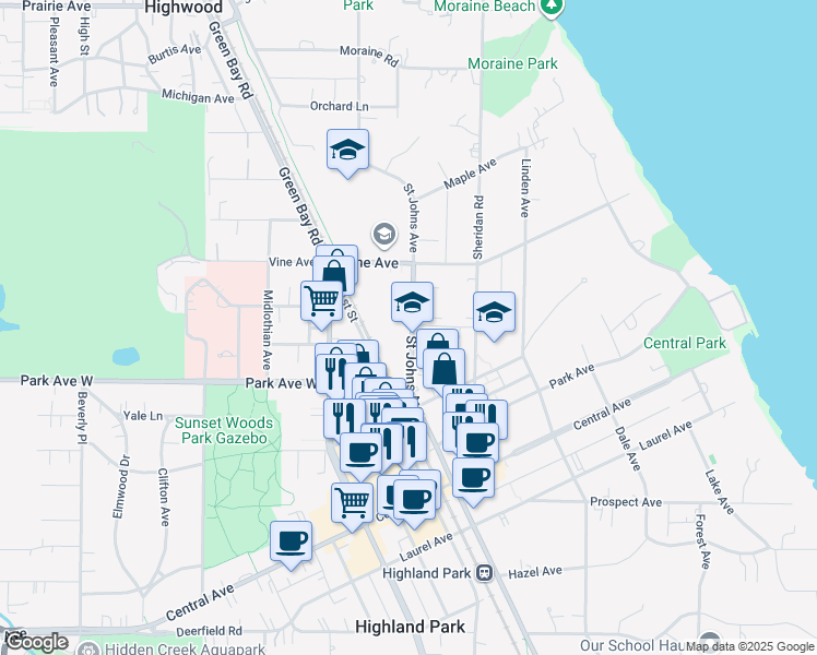 map of restaurants, bars, coffee shops, grocery stores, and more near 2098 Saint Johns Avenue in Highland Park