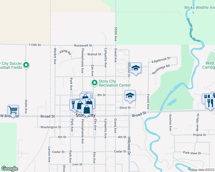 map of restaurants, bars, coffee shops, grocery stores, and more near 828 Lafayette Avenue in Story City