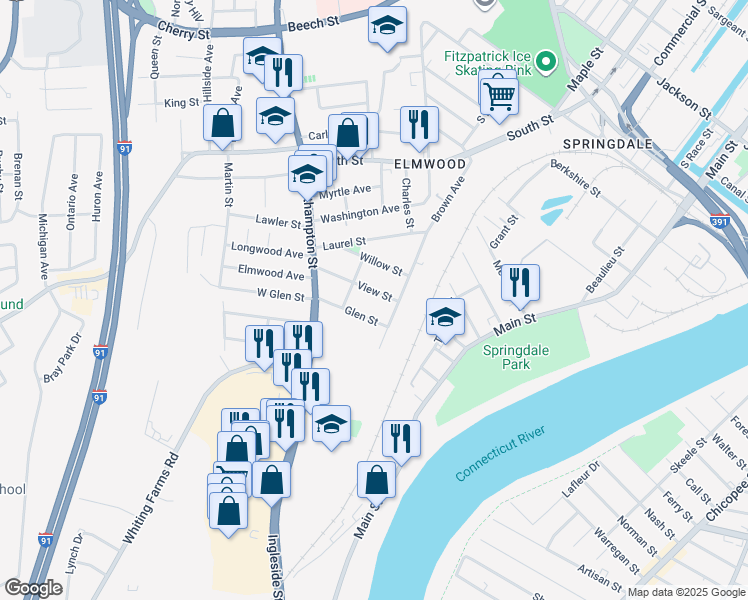 map of restaurants, bars, coffee shops, grocery stores, and more near 14 View St in Holyoke