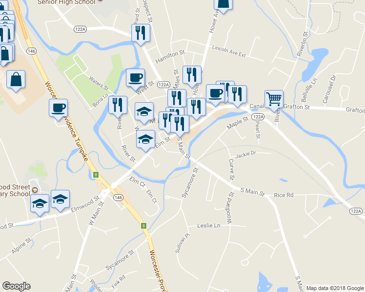 map of restaurants, bars, coffee shops, grocery stores, and more near 15 South Main Street in Millbury