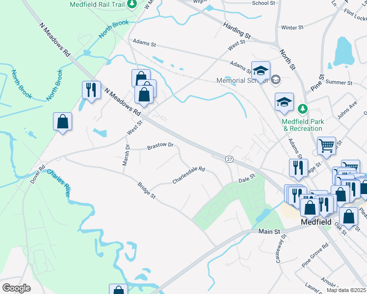 map of restaurants, bars, coffee shops, grocery stores, and more near 25 Brastow Drive in Medfield
