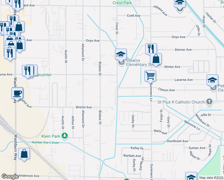 map of restaurants, bars, coffee shops, grocery stores, and more near 3926 Crest Street in Klamath Falls
