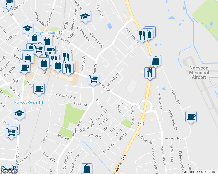 map of restaurants, bars, coffee shops, grocery stores, and more near 31 Winfield Street in Norwood