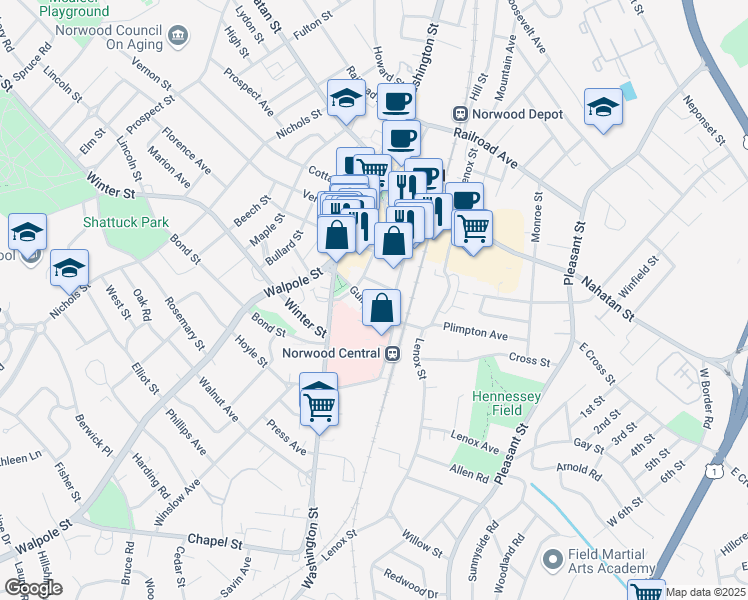 map of restaurants, bars, coffee shops, grocery stores, and more near 44 Guild Street in Norwood