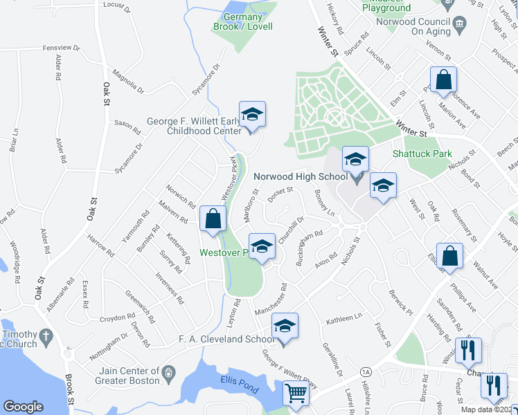 map of restaurants, bars, coffee shops, grocery stores, and more near 24 Mayfair Street in Norwood