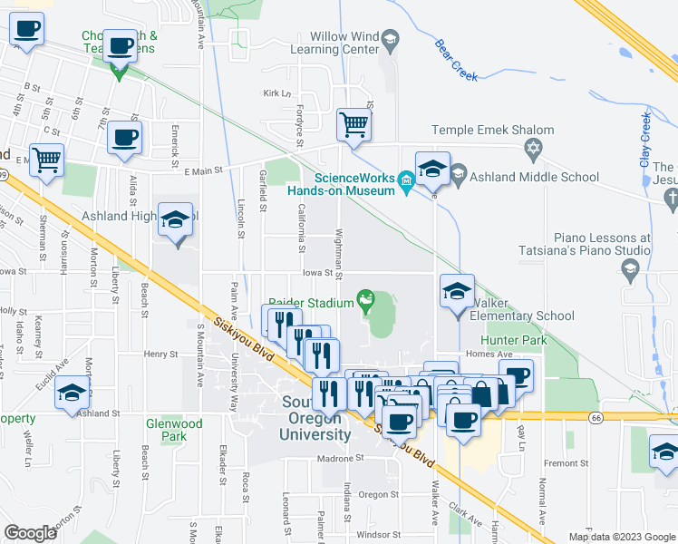 map of restaurants, bars, coffee shops, grocery stores, and more near 254 Wightman Street in Ashland