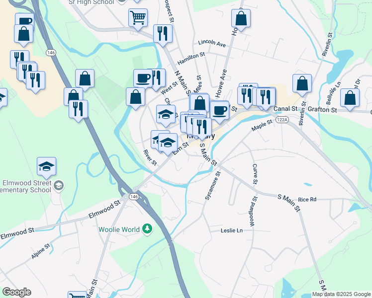 map of restaurants, bars, coffee shops, grocery stores, and more near 119 Elm Street in Millbury