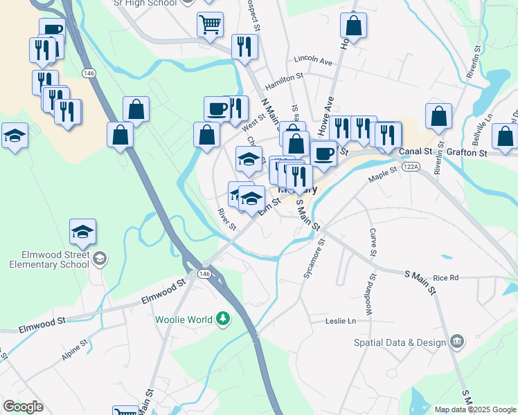 map of restaurants, bars, coffee shops, grocery stores, and more near 12 Elm Street in Millbury