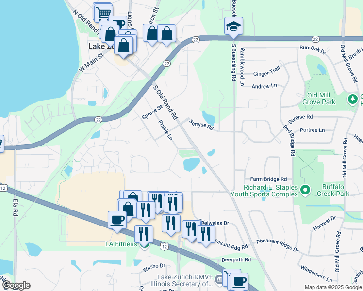 map of restaurants, bars, coffee shops, grocery stores, and more near 430 Prairie Lane in Lake Zurich