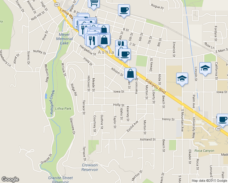 map of restaurants, bars, coffee shops, grocery stores, and more near 480 Iowa Street in Ashland
