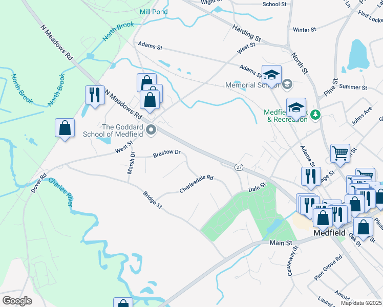 map of restaurants, bars, coffee shops, grocery stores, and more near 25 Brastow Drive in Medfield