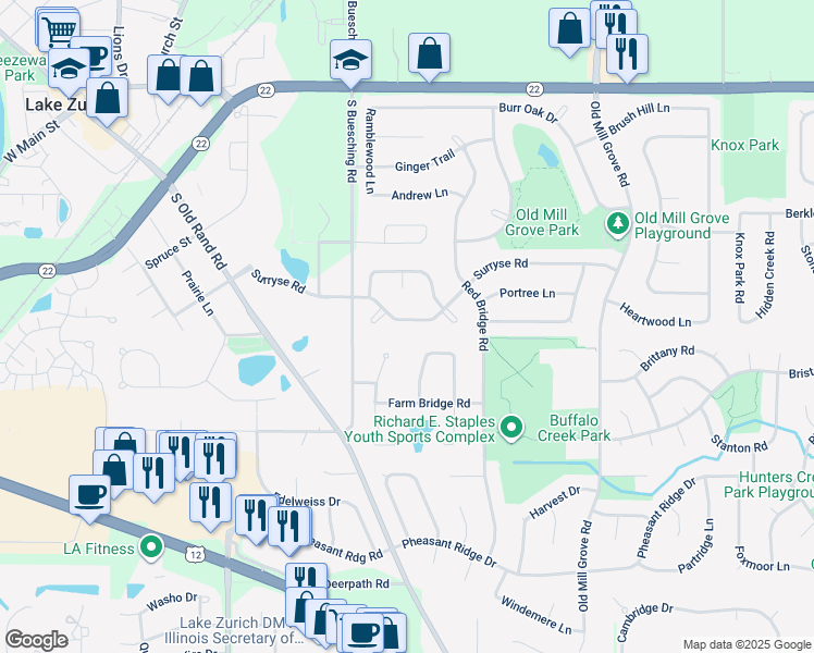 map of restaurants, bars, coffee shops, grocery stores, and more near 525 Surryse Road in Lake Zurich