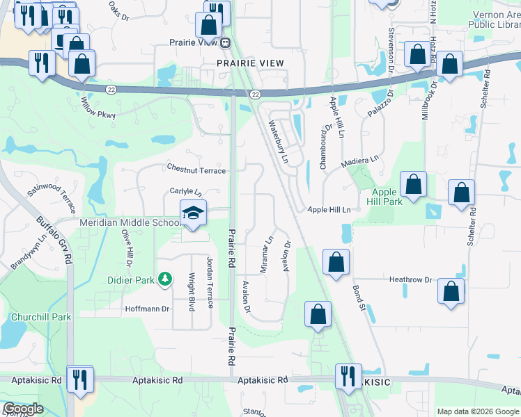 map of restaurants, bars, coffee shops, grocery stores, and more near 2295 Avalon Drive in Buffalo Grove
