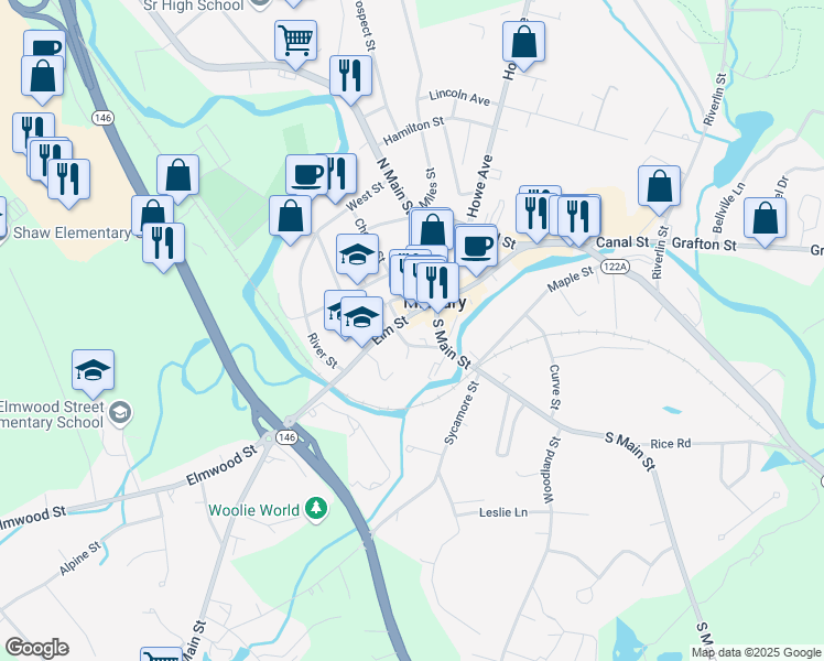map of restaurants, bars, coffee shops, grocery stores, and more near 117 Elm Street in Millbury
