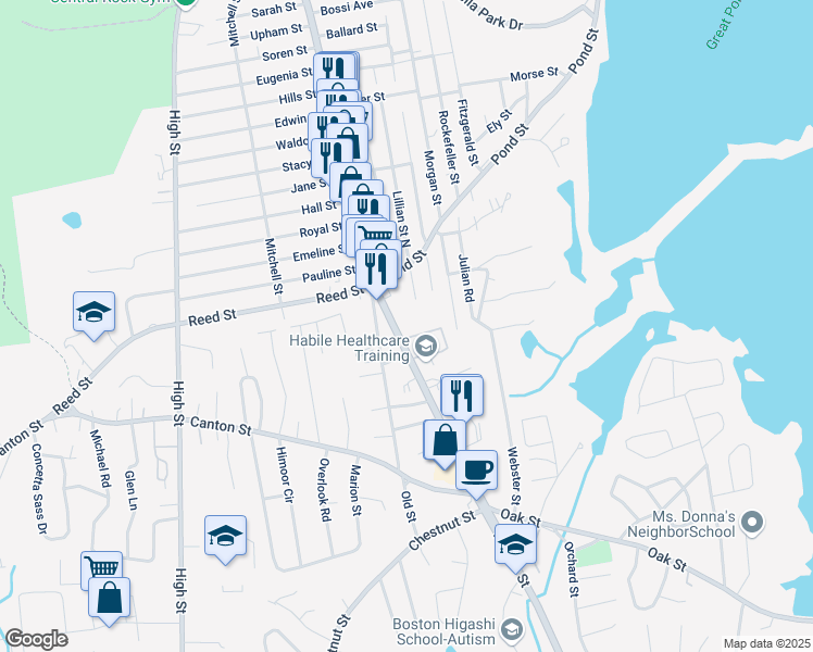 map of restaurants, bars, coffee shops, grocery stores, and more near 1027 North Main Street in Randolph