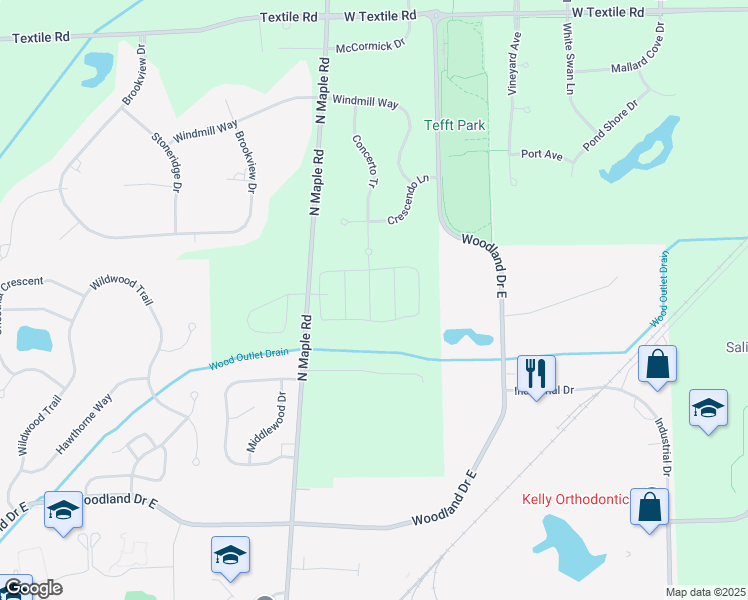 map of restaurants, bars, coffee shops, grocery stores, and more near 6675 North Maple Road in Saline