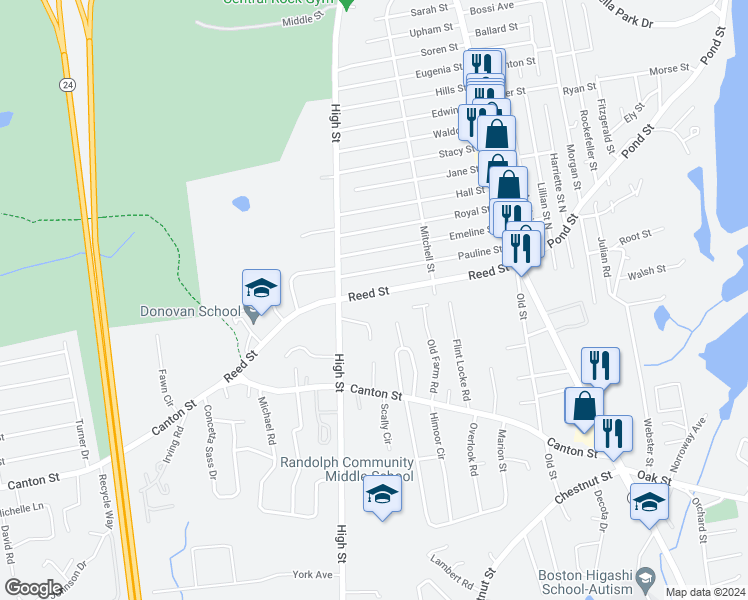 map of restaurants, bars, coffee shops, grocery stores, and more near 70 Reed Street in Randolph