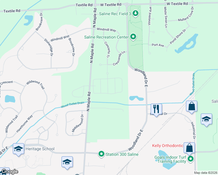 map of restaurants, bars, coffee shops, grocery stores, and more near 6675 North Maple Road in Saline