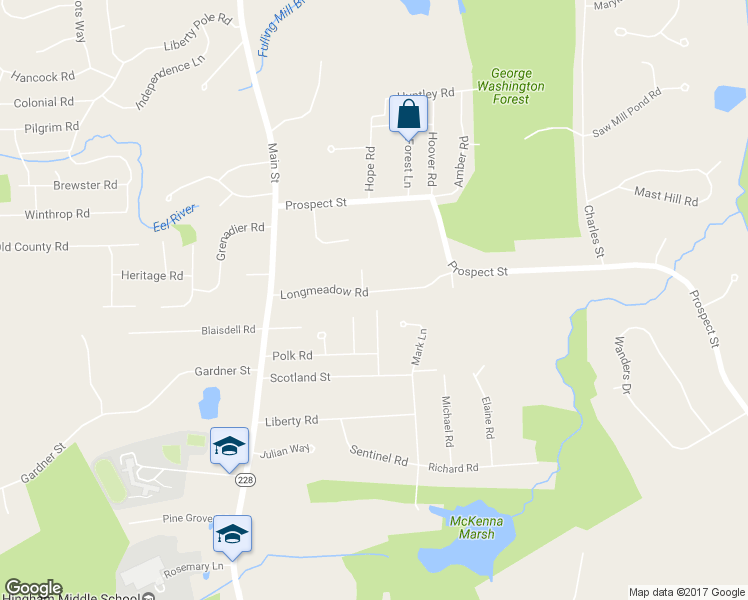 map of restaurants, bars, coffee shops, grocery stores, and more near 17 Longmeadow Road in Hingham