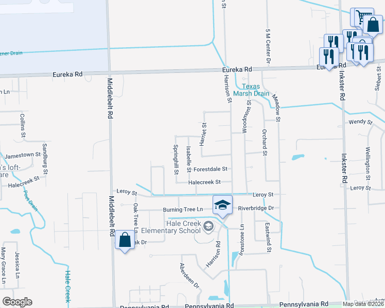 map of restaurants, bars, coffee shops, grocery stores, and more near 15689 Isabelle Street in Romulus