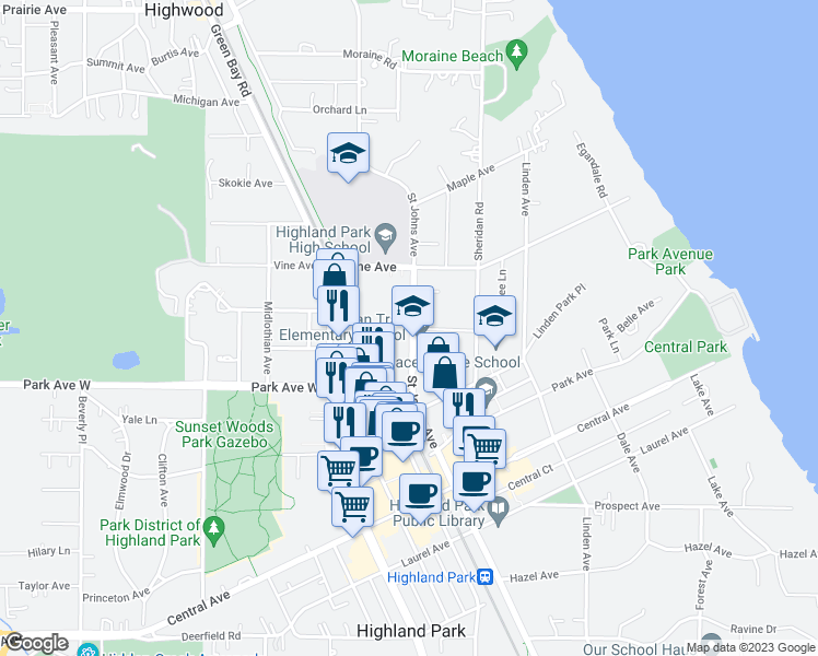 map of restaurants, bars, coffee shops, grocery stores, and more near 2098 Saint Johns Avenue in Highland Park