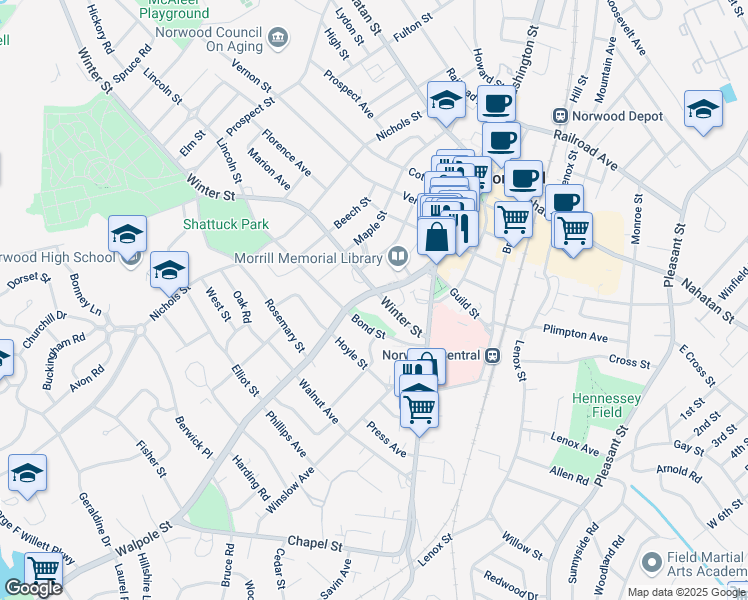 map of restaurants, bars, coffee shops, grocery stores, and more near 56 Walpole Street in Norwood