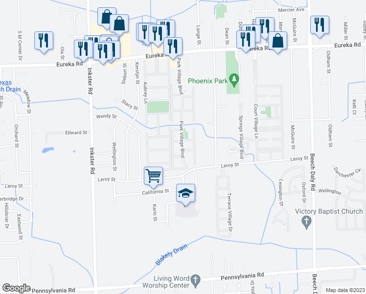 map of restaurants, bars, coffee shops, grocery stores, and more near 15101 Park Village Boulevard in Taylor