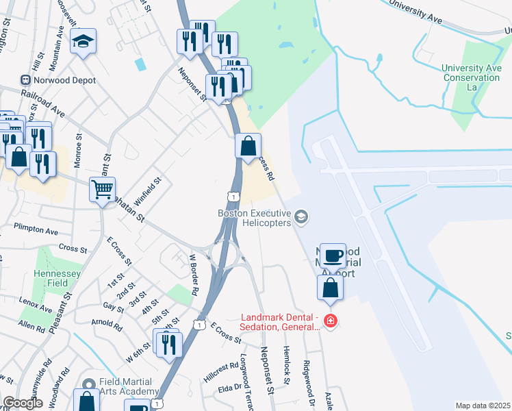 map of restaurants, bars, coffee shops, grocery stores, and more near 544 Neponset Street in Norwood