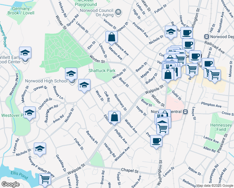 map of restaurants, bars, coffee shops, grocery stores, and more near 19 Walters Road in Norwood