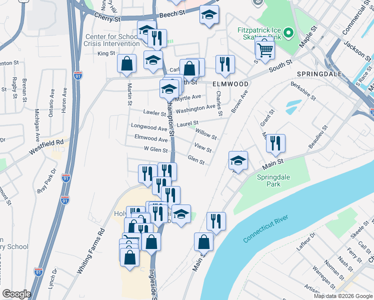 map of restaurants, bars, coffee shops, grocery stores, and more near 1 Larkin Avenue in Holyoke