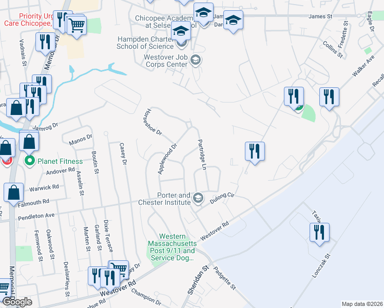 map of restaurants, bars, coffee shops, grocery stores, and more near 35 Meadowlark Lane in Chicopee