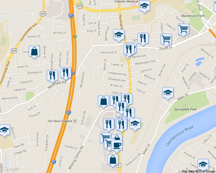 map of restaurants, bars, coffee shops, grocery stores, and more near 60 West Glen Street in Holyoke