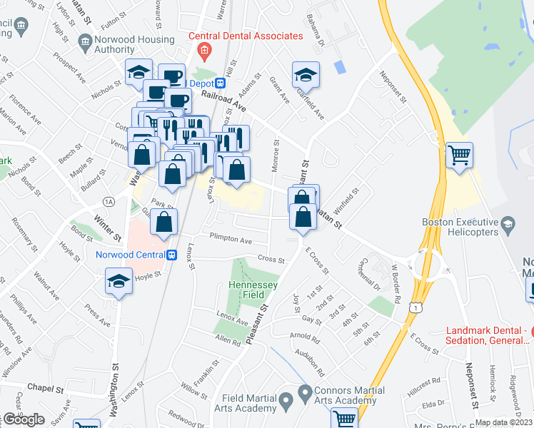 map of restaurants, bars, coffee shops, grocery stores, and more near 89 Monroe Street in Norwood