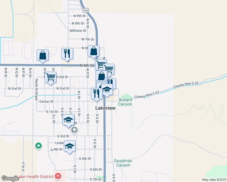 map of restaurants, bars, coffee shops, grocery stores, and more near 110 North E Street in Lakeview