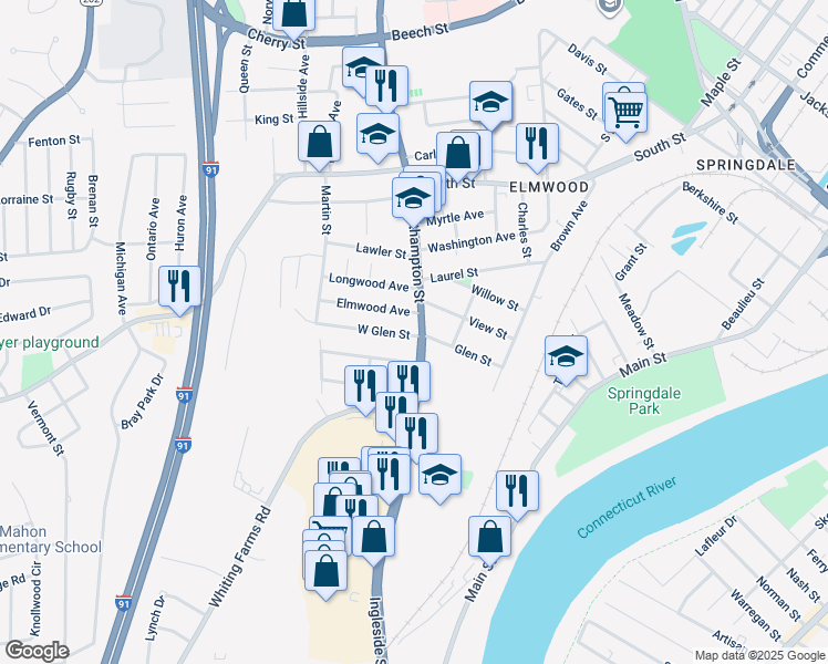 map of restaurants, bars, coffee shops, grocery stores, and more near 2097-2099 Northampton Street in Holyoke