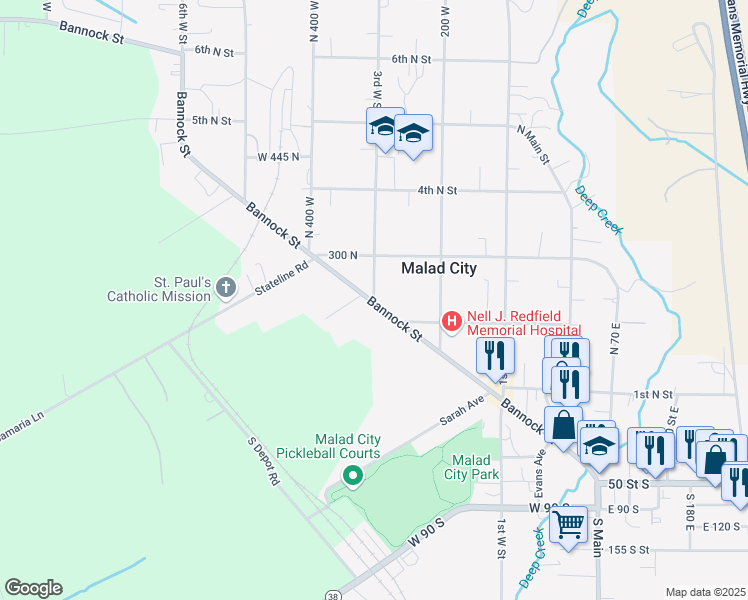 map of restaurants, bars, coffee shops, grocery stores, and more near 174 3rd West Street in Malad City