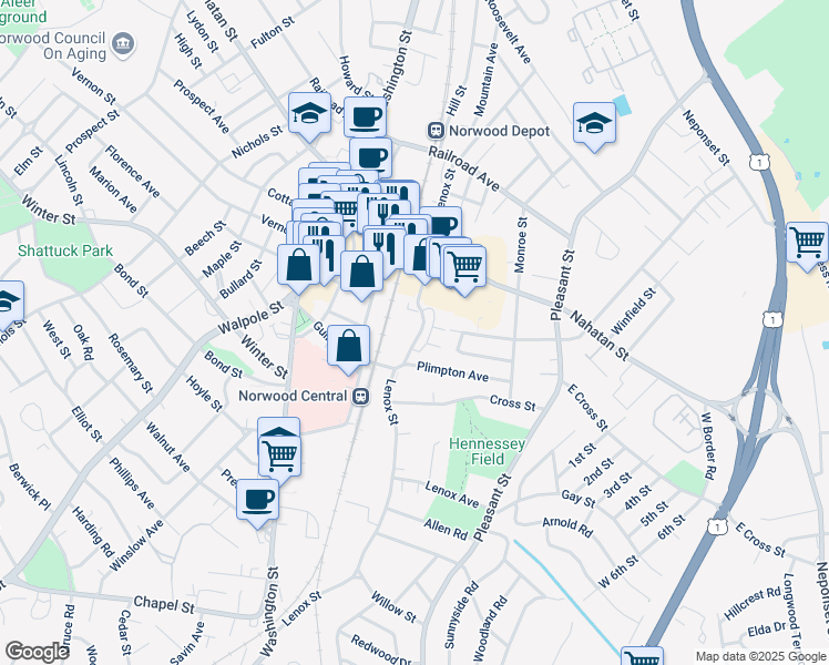 map of restaurants, bars, coffee shops, grocery stores, and more near 155 Lenox Street in Norwood