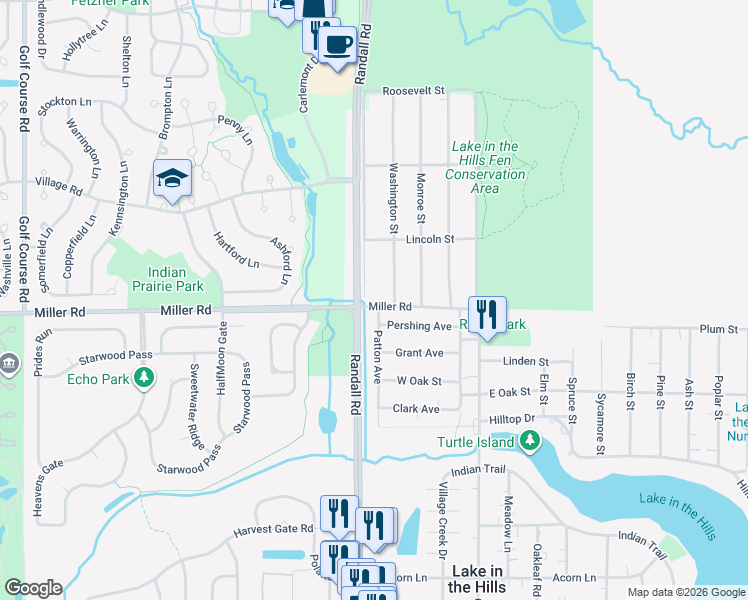 map of restaurants, bars, coffee shops, grocery stores, and more near 1302 Clayton Marsh Drive in Lake in the Hills