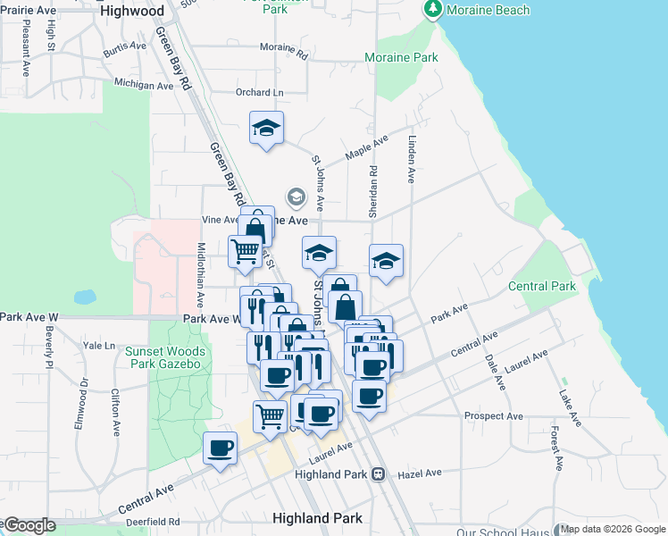 map of restaurants, bars, coffee shops, grocery stores, and more near 2101 Saint Johns Avenue in Highland Park