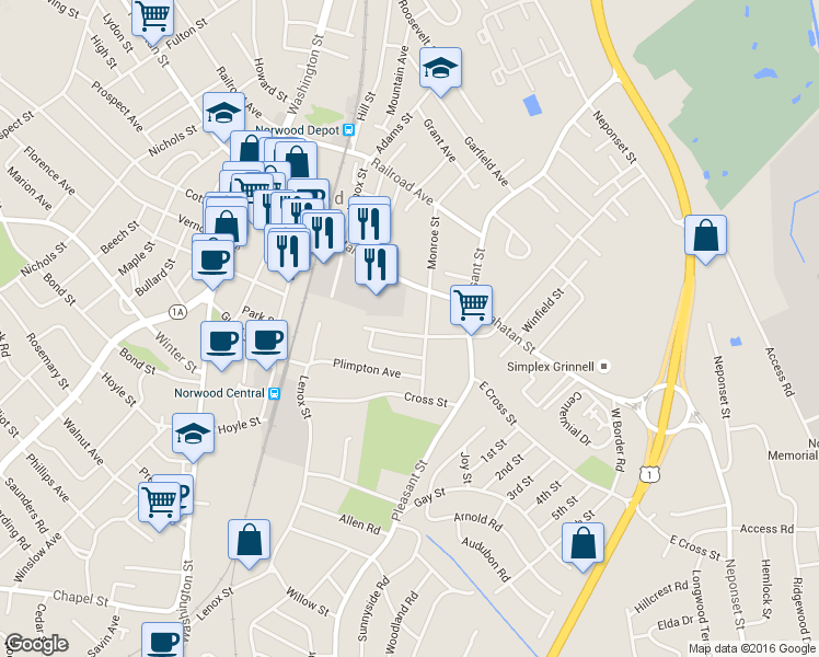 map of restaurants, bars, coffee shops, grocery stores, and more near 48 Rock Street in Norwood