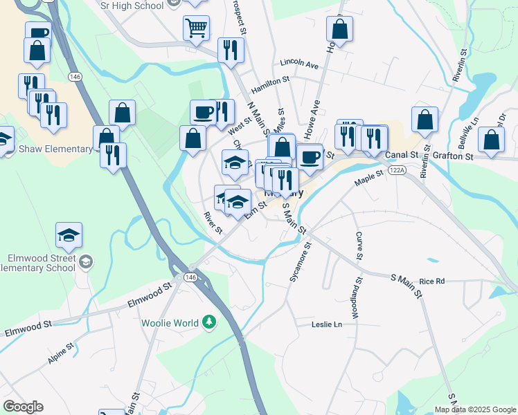 map of restaurants, bars, coffee shops, grocery stores, and more near 119 Elm Street in Millbury
