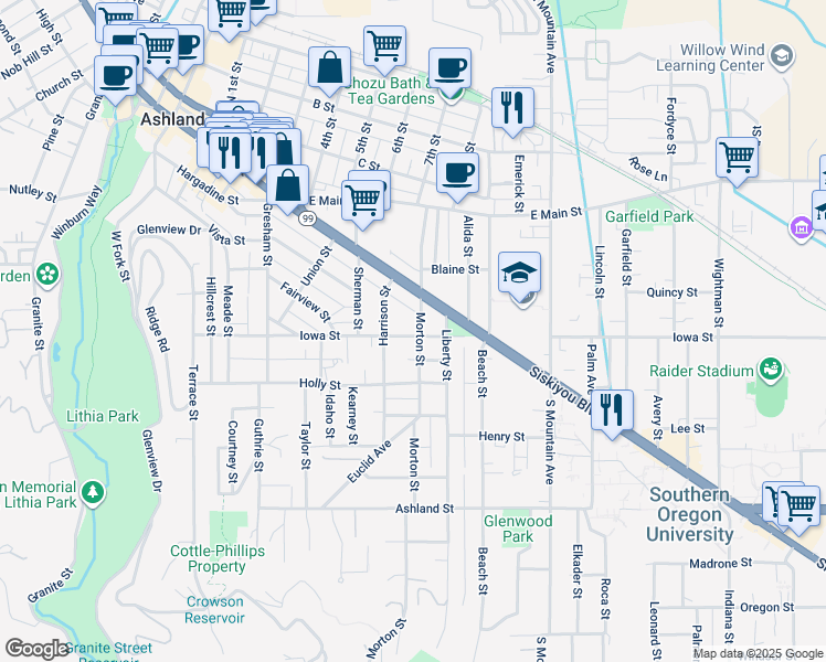 map of restaurants, bars, coffee shops, grocery stores, and more near 765 Iowa St in Ashland