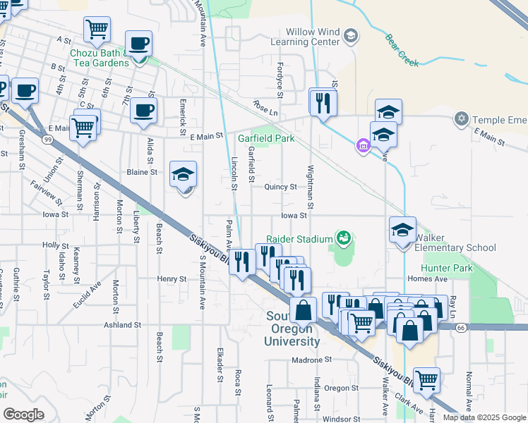 map of restaurants, bars, coffee shops, grocery stores, and more near 1273 Iowa Street in Ashland