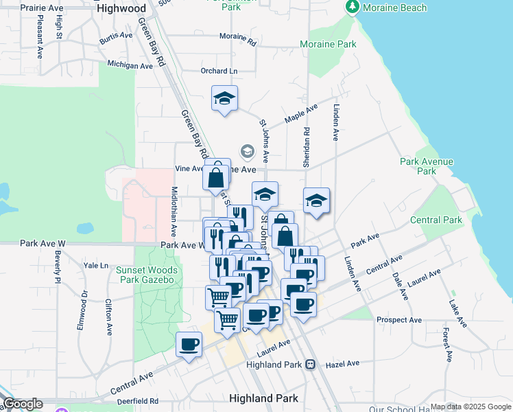 map of restaurants, bars, coffee shops, grocery stores, and more near 2098 Saint Johns Avenue in Highland Park