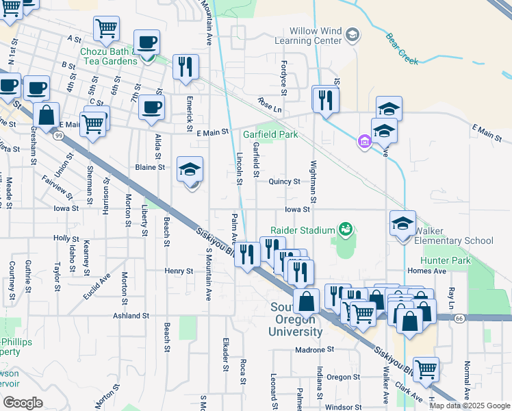 map of restaurants, bars, coffee shops, grocery stores, and more near 1212 Iowa Street in Ashland